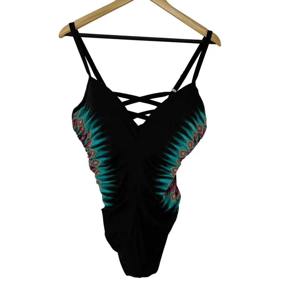 Miraclesuit Women Black Teal Tribal Print Ruched Slimming One‎ Piece Swimsuit 14